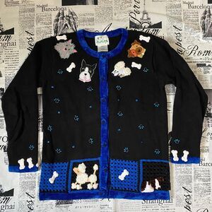 Quacker-factory Women's Black and Blue Cardigan dog theme grandmacore vintage 90